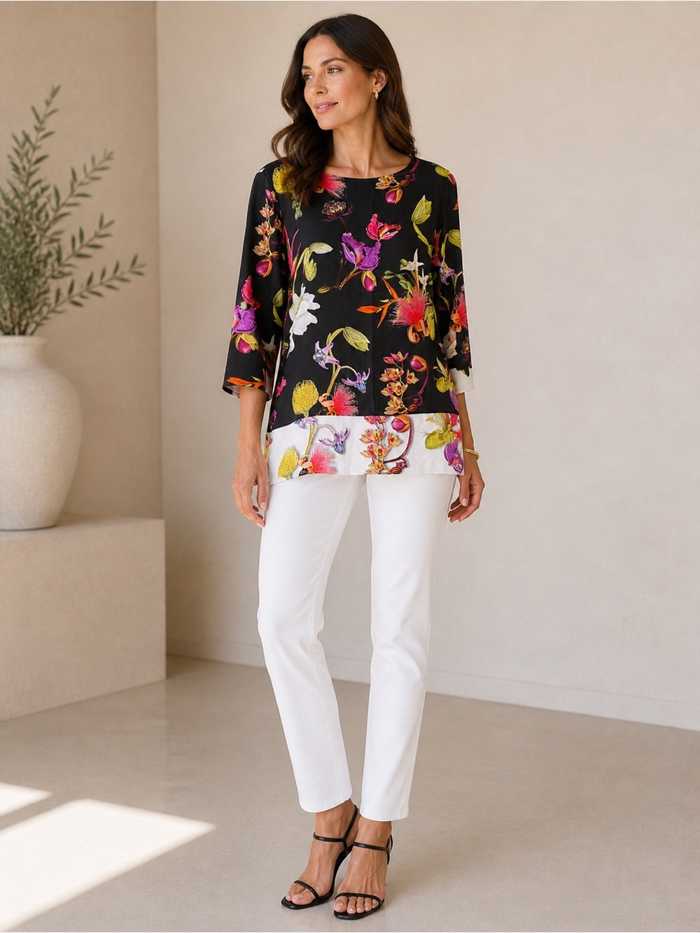 Escada Silk Blend Floral Blouse Black Multicolor Size 42 US 10